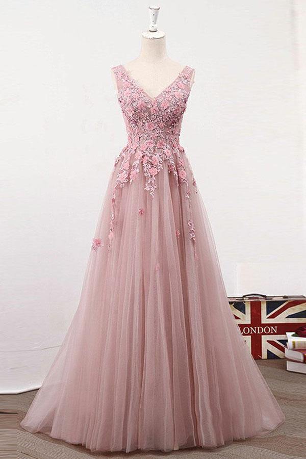A Line V Neck Pink Beading Tulle Prom Dress with Appliques JTA8171