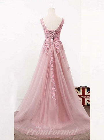 A Line V Neck Pink Beading Tulle Prom Dress with Appliques JTA8171