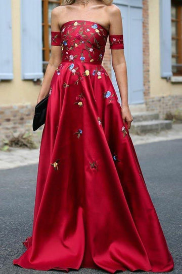 Off The Shoulder Red Short Sleeve Prom Dress with Appliques JTA8211