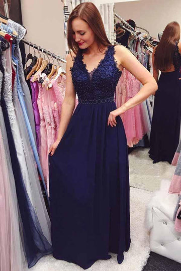 Navy Blue Beading Chiffon Prom Dress JTA8281