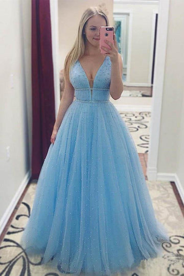 Sky Blue V Neck Beaded Tulle Prom Dress JTA8361