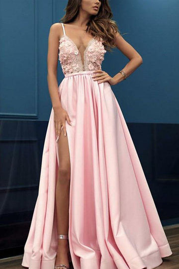 Pink V Neck Split Prom Dress with Appliques JTA8401