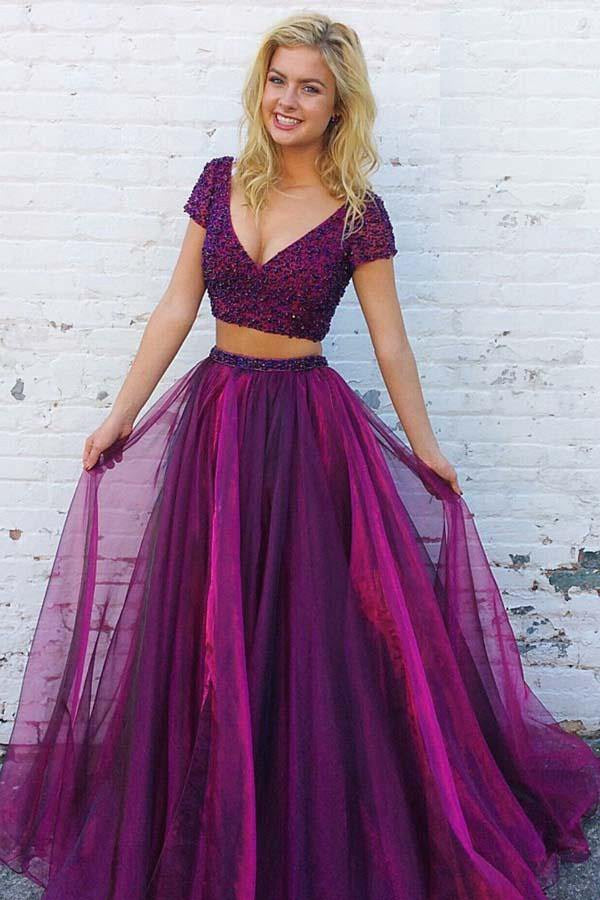 Two Piece V Neck Purple Tulle Prom Dress with Beading JTA8421