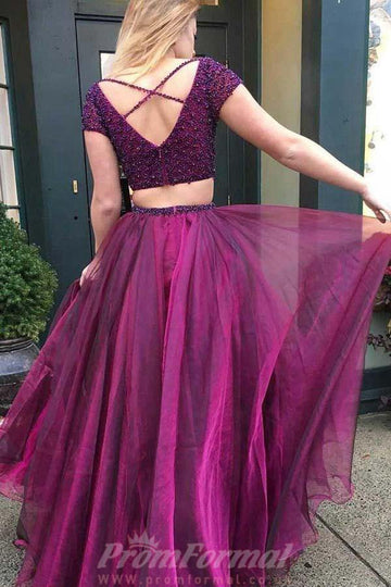 Two Piece V Neck Purple Tulle Prom Dress with Beading JTA8421