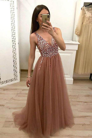 Dusty Pink Tulle Beaded Long Prom Dress JTA8431