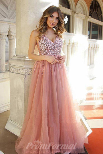 Dusty Pink Tulle Beaded Long Prom Dress JTA8431