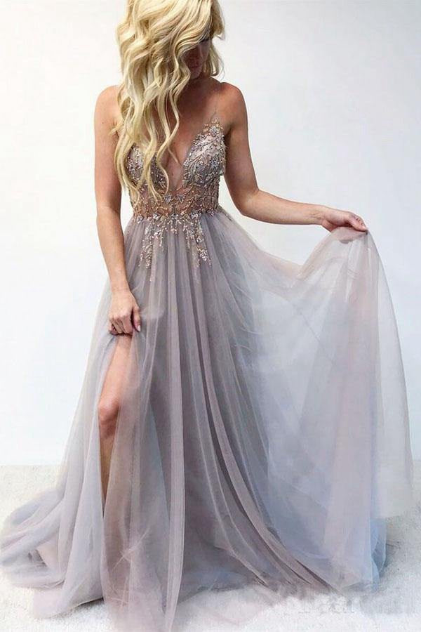Spaghetti Straps Beaded V Neck Prom Dress JTA8441