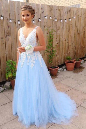 Light Blue Tulle A line V neck Lace Long Prom Dress JTA8481