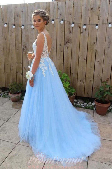 Light Blue Tulle A line V neck Lace Long Prom Dress JTA8481