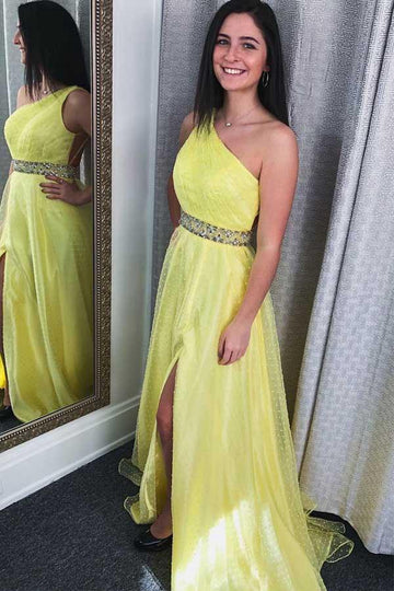 One Shoulder Ruched Yellow Long Prom Dress JTA8561