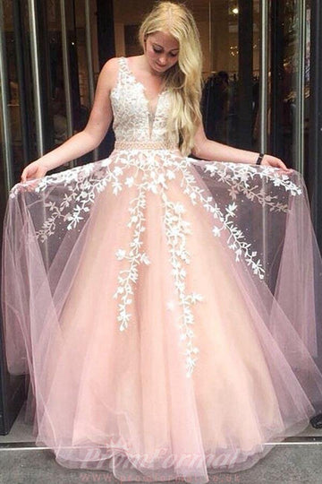 Princess Pink Long Lace Appliques Prom Dress JTA8571