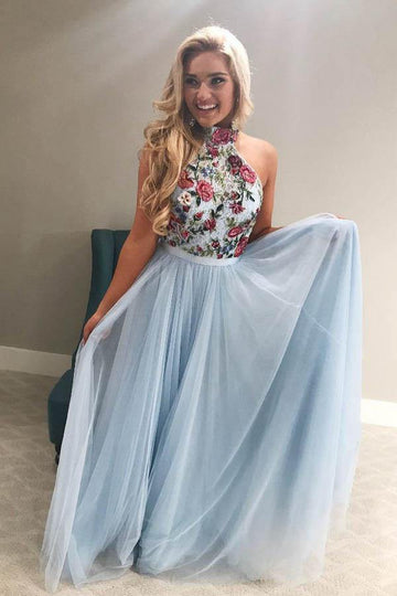 Halter Neck Tulle Sky Blue  Prom Dress JTA8601