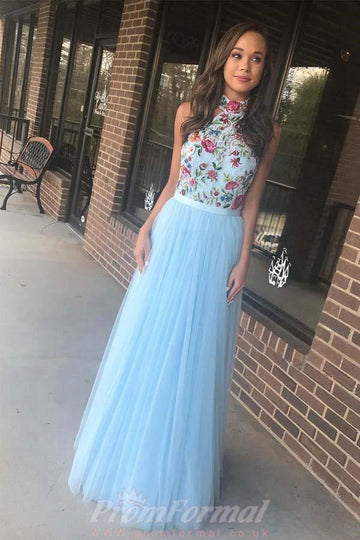 Halter Neck Tulle Sky Blue  Prom Dress JTA8601