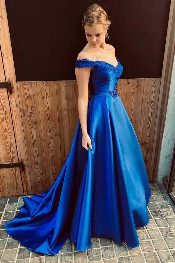 Satin Off The Shoulder Royal Blue Prom Dress JTA8611