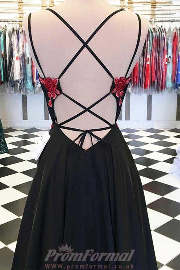 A Line Satin Spaghetti Straps Black Long Prom Dress Floral Appliques JTA8631