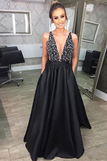 Sexy Deep V Neck Black Satin Prom Dress with Pockets JTA8671