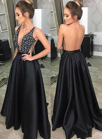 Sexy Deep V Neck Black Satin Prom Dress with Pockets JTA8671