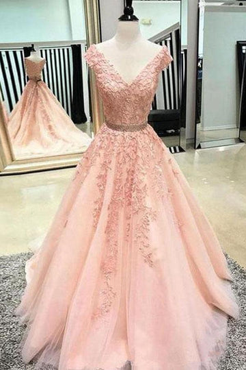 V Neck Pink Lace A Line Long Prom Formal Dress JTA8681