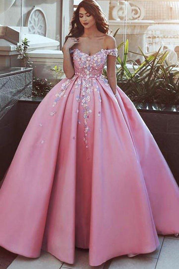 Ball Gown Off The Shoulder Pink Satin Prom Dress with Appliques JTA8701