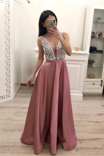 A Line Beading Satin V Neck Prom Dress JTA8721