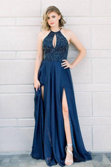 Halter Beaded Dark Blue Split Prom Dress JTA8741