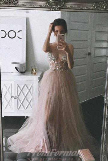Dusty Pink V Neck A Line Tulle Prom Dress JTA8751