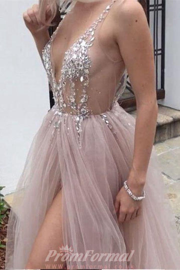 Dusty Pink V Neck A Line Tulle Prom Dress JTA8751