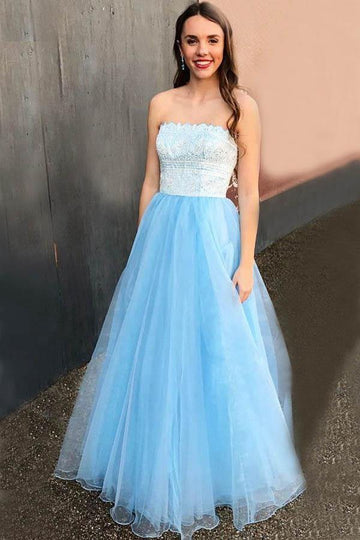 A Line Light Blue Prom Dress with Lace Beading JTA8761