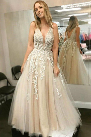 A Line Deep V Neck Champagne Lace Prom Dress with Appliques JTA8771