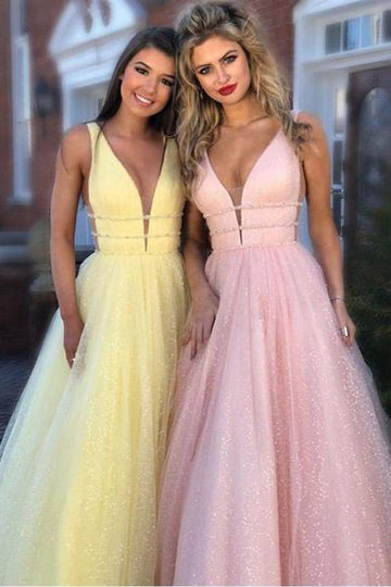 A Line V Neck Pink Tulle Prom Dress with Beading JTA8781