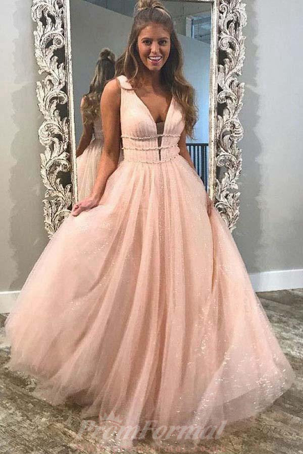 A Line V Neck Pink Tulle Prom Dress with Beading JTA8781