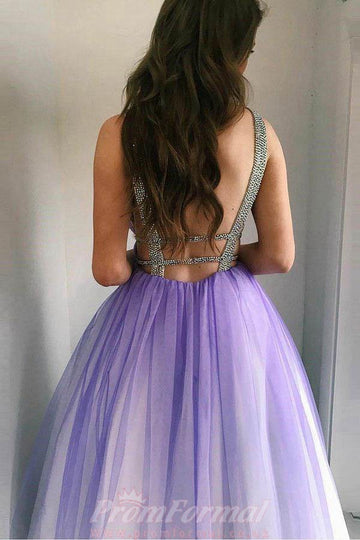 A Line V Neck Purple Tulle Prom Dress JTA8791