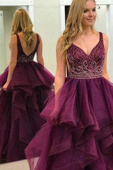 Princess V Neck Purple Tulle Beaded Prom Dress with Ruffles JTA8811