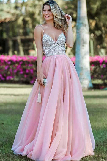 Spaghetti Straps Beading Pink Prom Dress JTA8851