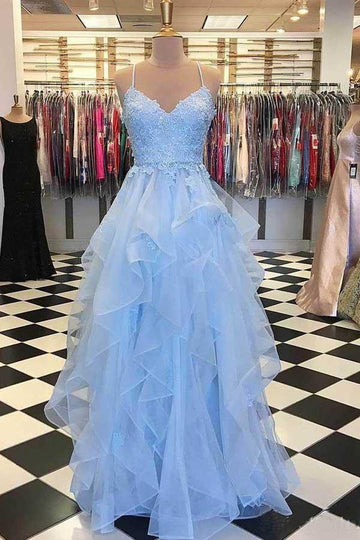 Princess Sky Blue Ruffle Skirt Spaghetti Strap Junior Prom Dress JTA8891