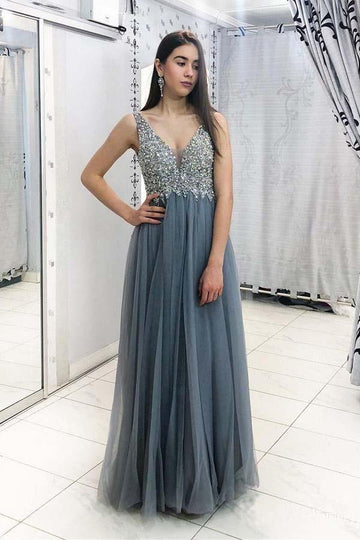 Grey Beaded V Neck Tulle Evening Dress JTA8901