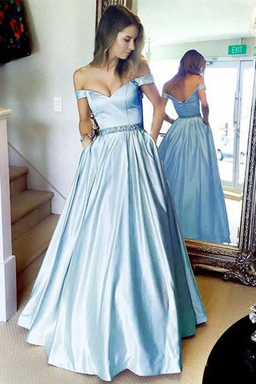 A Line Off The Shoulder Blue Prom Dress with Pocket JTA8941