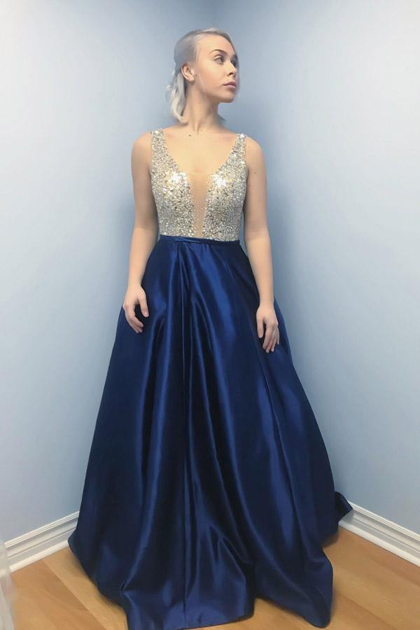 A Line V Neck Dark Blue Satin Prom Dress with Beading JTA8951