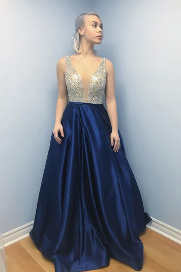 A Line V Neck Dark Blue Satin Prom Dress with Beading JTA8951