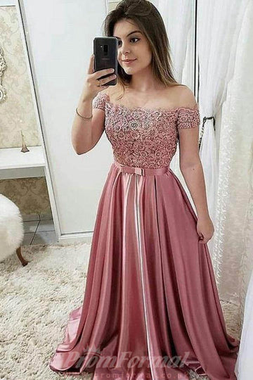Burgundy Off Shoulder Satin Lace Prom Dress JTA8971