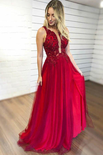 A Line Split Red Prom Dress With Appliques Beading JTA8981