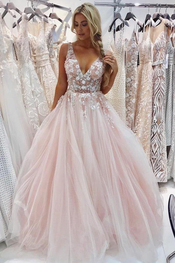 Princess V Neck Pink Tulle Prom Dress with Lace Appliques JTA8991