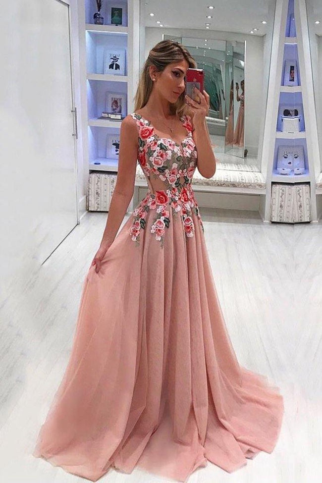Nude Pink A Line Appliqued Tulle Prom Dress JTA9041