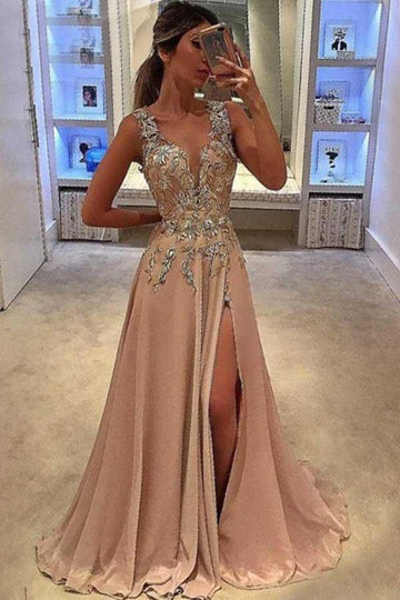 V Neck Champagne Chiffon Prom Dress with Slit JTA9061