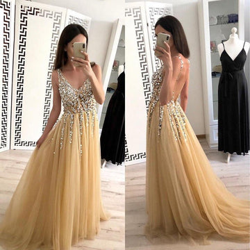 A Line Tulle V Neck Beading Champagne Evening Dress JTA9071