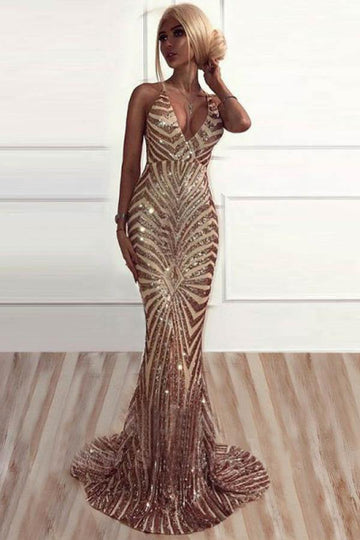 Mermaid V Neck Sexy Backless Rose Gold Sequined Evening Dress JTA9091