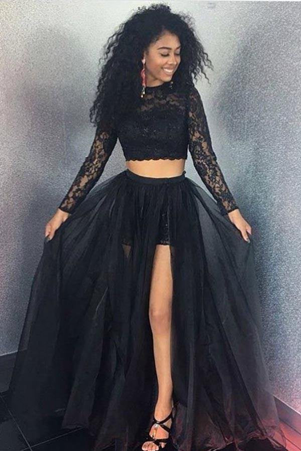 Two Pieces Black A Line Long Sleeve Prom Dress JTA9121