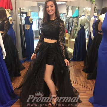 Two Pieces Black A Line Long Sleeve Prom Dress JTA9121