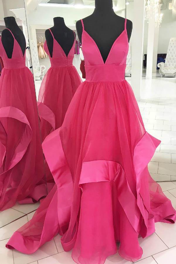 A Line Fuchsia Tulle Deep V Neck Prom Evening Dress JTA9171