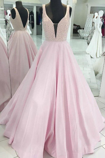 Princess Pink Satin Deep V Neck Prom Dress JTA9181